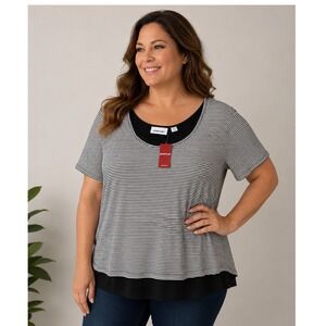 Avenue Size 14/16 Black White Striped Layered Cotton Short Sleeve Top NWT Casual